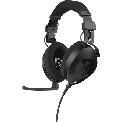 Black over-ear professional headset with adjustable boom microphone, detachable straight cable, and closed-back design.