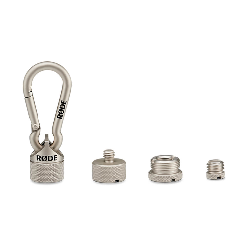 RODE Universal Thread Adaptor Kit with brass and stainless-steel thread adapters in a magnetic carabiner case.
