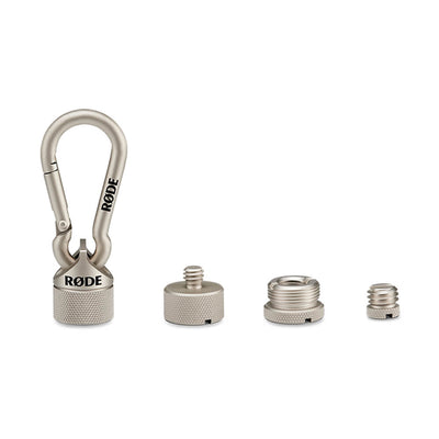 RODE Universal Thread Adaptor Kit with brass and stainless-steel thread adapters in a magnetic carabiner case.