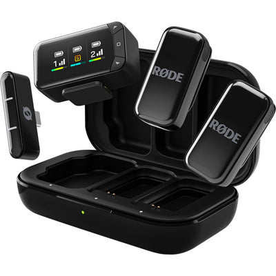 Wireless Micro Camera Kit with dual clip-on transmitters, camera receiver, smartphone receiver, and charging case
