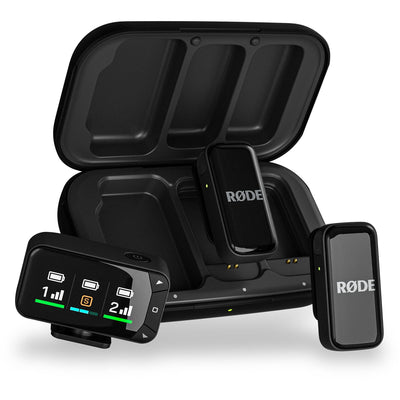 Wireless Micro Camera Kit with dual clip-on transmitters, camera receiver, smartphone receiver, and charging case
