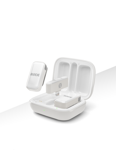RODE Wireless Micro Lightning (White) – compact wireless microphone with Lightning connector, designed for high-quality audio recording on iPhones and iOS devices.