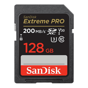 SanDisk Extreme PRO 128GB SD card on a white background
