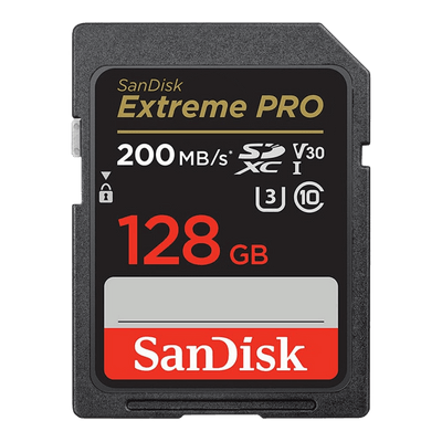 SanDisk Extreme PRO 128GB SD card on a white background
