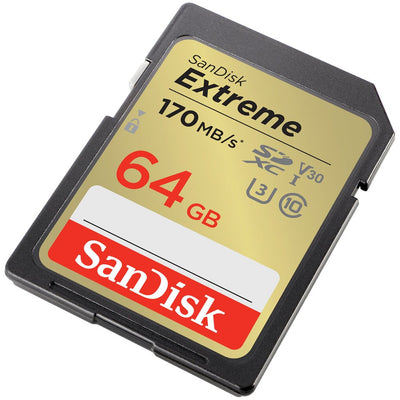 SanDisk Extreme 64GB SD card on a white background