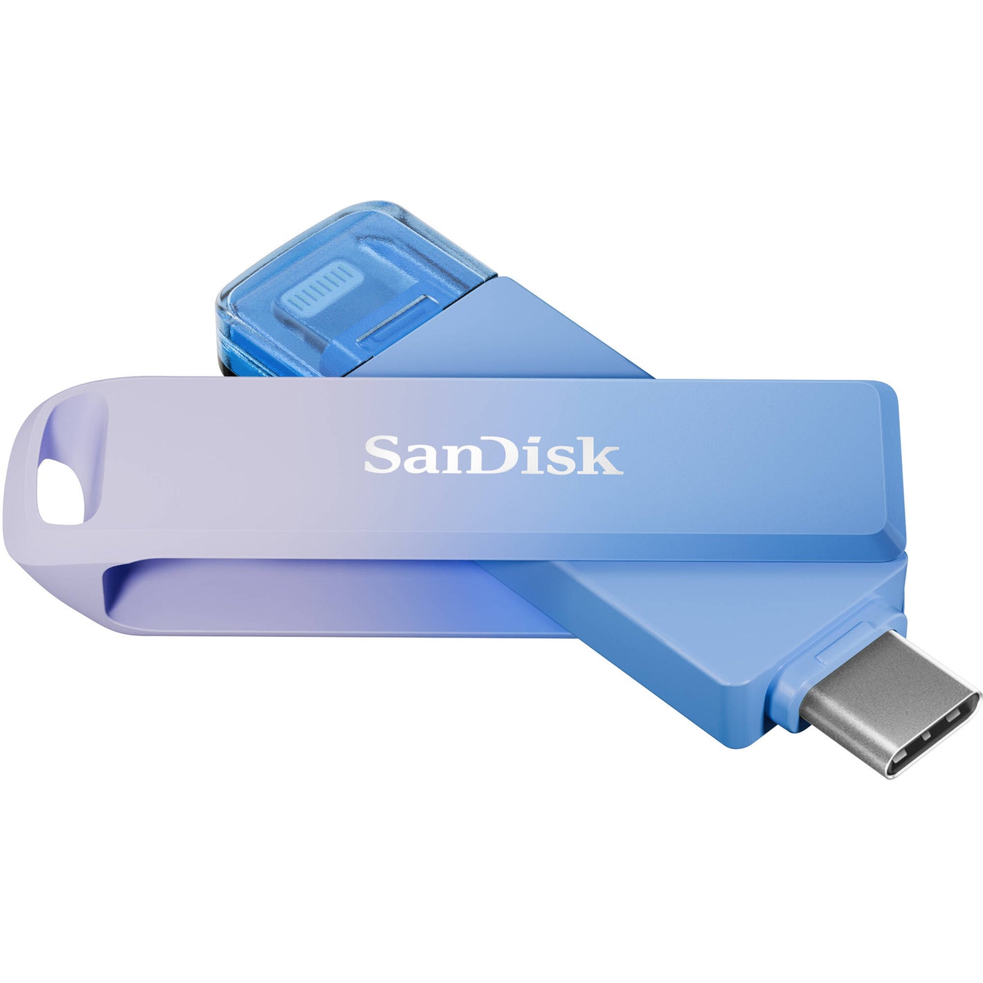SanDisk Creator Phone Drive 256GB with USB Type-C and Lightning connectors, USB 3.2 Gen 1 interface, max read speed 90 MB/s, compact metal design, compatible with iOS 13+, Android 8+, Windows 10+, macOS 12+, includes three months of Adobe Lightroom.