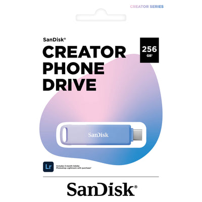 SanDisk Creator Phone Drive 256GB with USB Type-C and Lightning connectors, USB 3.2 Gen 1 interface, max read speed 90 MB/s, compact metal design, compatible with iOS 13+, Android 8+, Windows 10+, macOS 12+, includes three months of Adobe Lightroom.