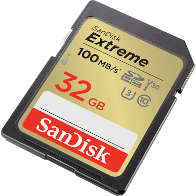 SanDisk Extreme 32GB SD card on a white background
