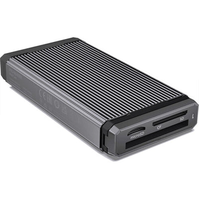 Black external hard drive and card reader on a white background