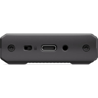 Black electronic device with ports on a white background
