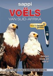 Book cover of 'sappi Voëls van Suid-Afrika' with two eagles and a pen on a blue background