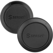 Sensei Body and Rear Lens Cap Kit featuring black plastic protective caps for camera body mount and lens rear element, protecting sensor and lens contacts from dust, scratches, moisture, with finger-grip edges for easy removal and replacement.