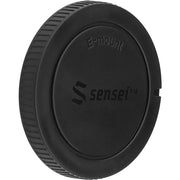 Black replacement Sony camera body cap with 'sensei' branding on a white background 
