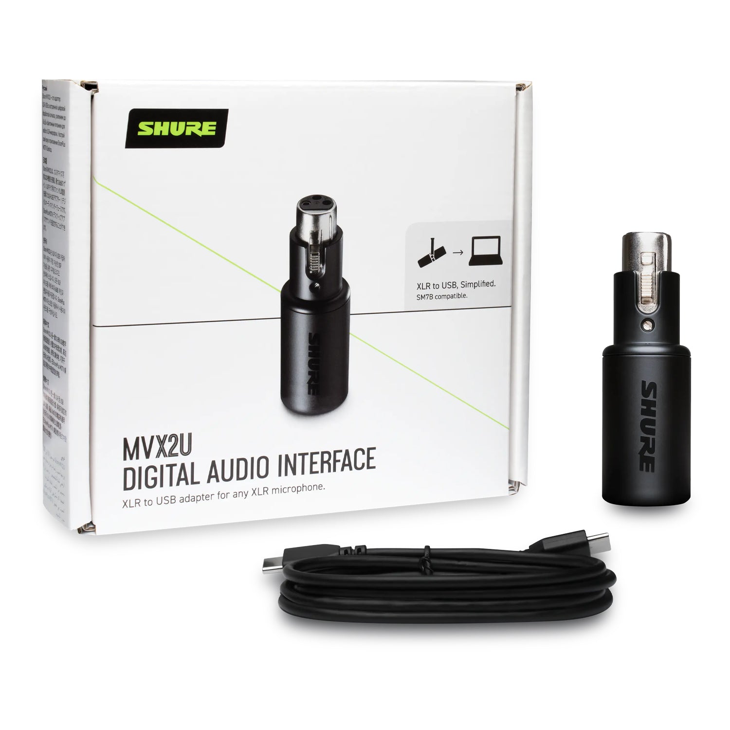 Shure MVX2U Digital Audio Interface XLR-to-USB adaptor with headphone monitoring and phantom power
