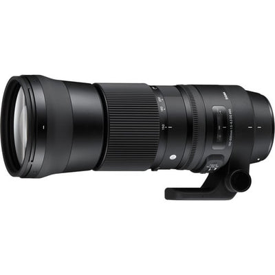 Camera lens with brand logo on a white background