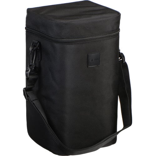 Black insulated lens bag with a shoulder strap on a white background