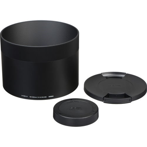 Camera lens hood, lens cap, and body cap on a white background