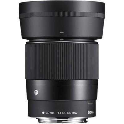 Black camera lens with visible brand name on a white background