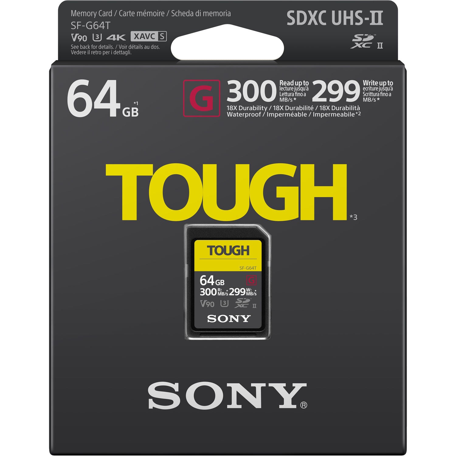 Sony Tough SD card packaging with 64GB capacity on a white background