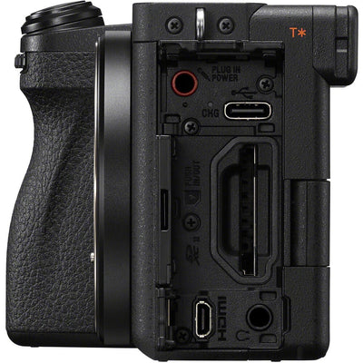 Back view of a black camera body with various ports and connectors.