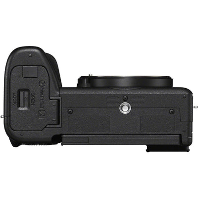 Black camera body on a white background