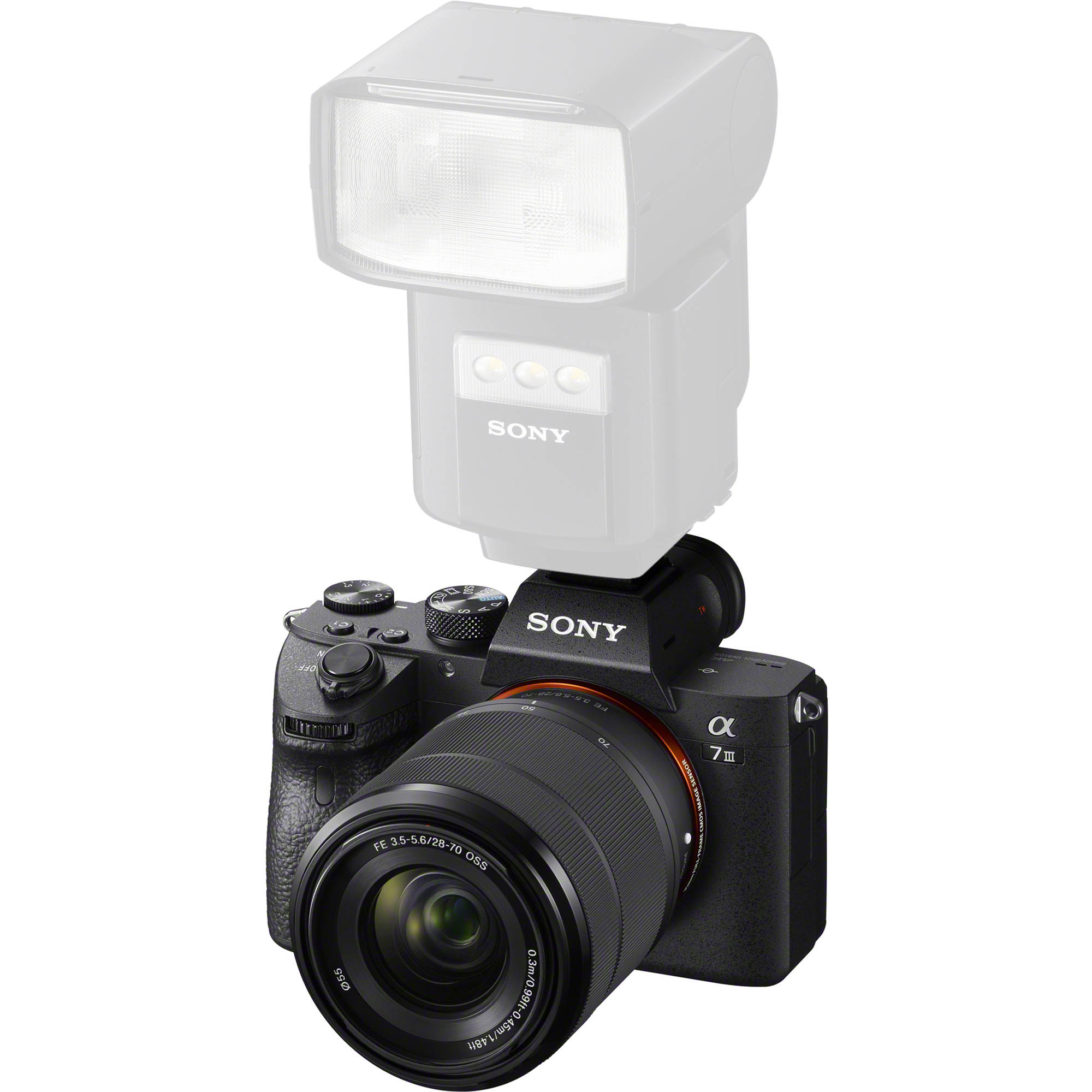 Sony Alpha a7 III full-frame mirrorless camera with 28-70mm kit lens, 24.2MP sensor, 5-axis stabilisation, hybrid autofocus, and 4K video.