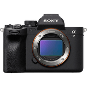 Sony Alpha 7 mirrorless camera body with black textured grip, silver dials, and a visible blue-purple E-mount sensor, shown on a plain white background.