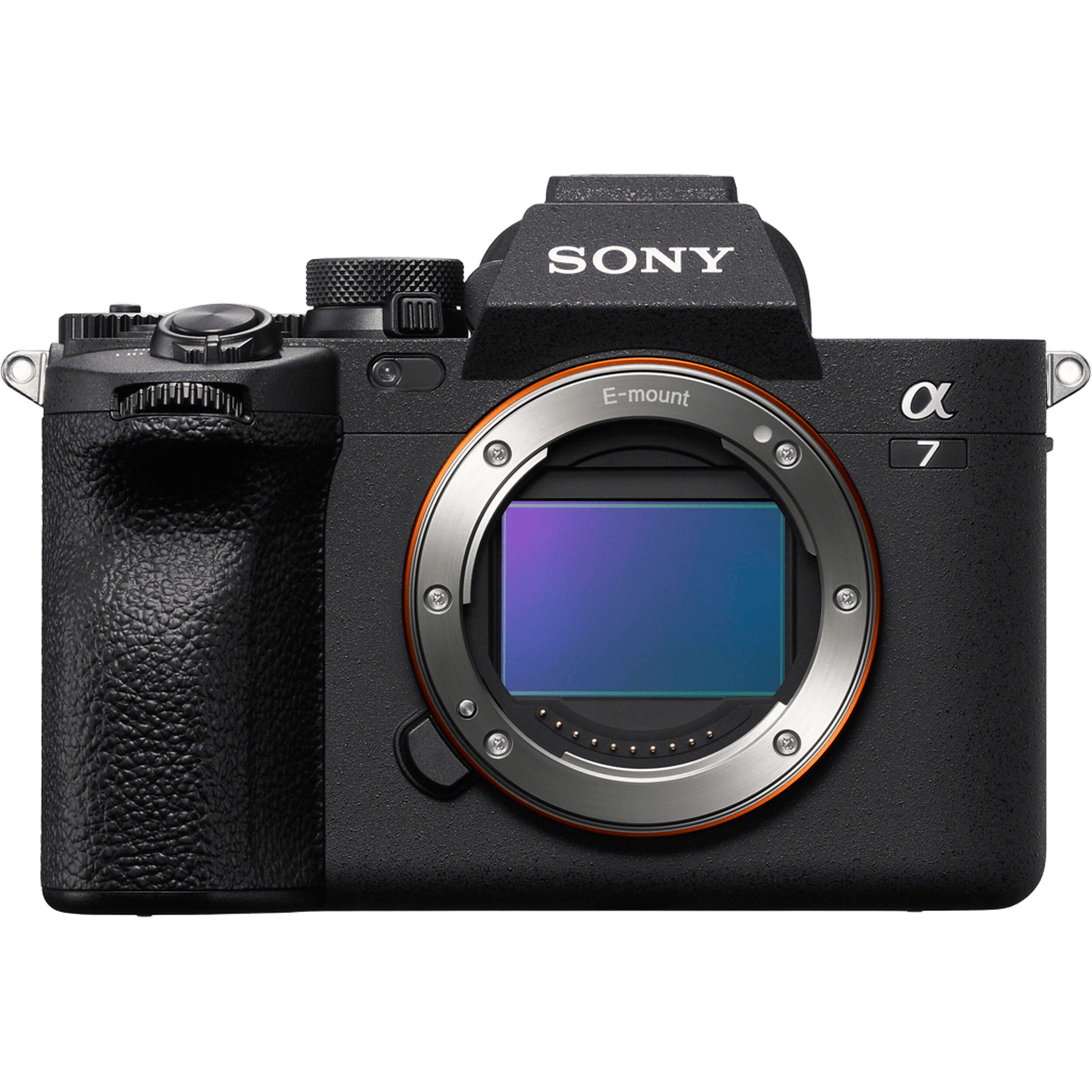 Sony Alpha 7 mirrorless camera body with black textured grip, silver dials, and a visible blue-purple E-mount sensor, shown on a plain white background.