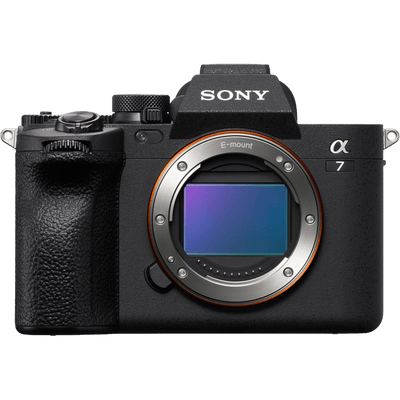 Sony Alpha 7 mirrorless camera body with black textured grip, silver dials, and a visible blue-purple E-mount sensor, shown on a plain white background.