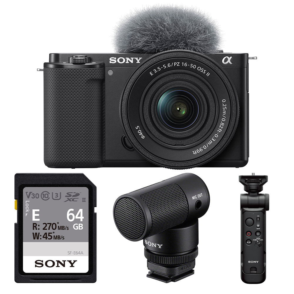 Sony ZV-E10 vlogging kit with lens, grip and microphone
