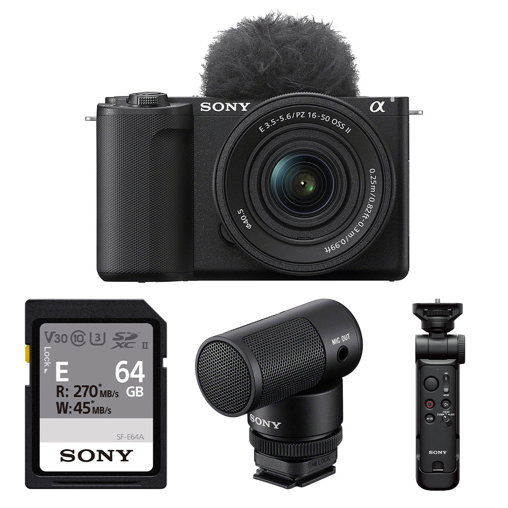 Sony ZV-E10 II mirrorless camera vlogging kit with 16-50mm lens, microphone, grip and SD card
