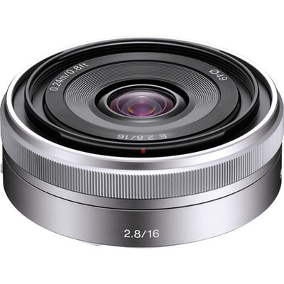 Sony E 16mm f/2.8 Lens (Silver) – compact wide-angle prime with bright f/2.8 aperture, sharp optics, and lightweight design, ideal for travel, street, and everyday photography.