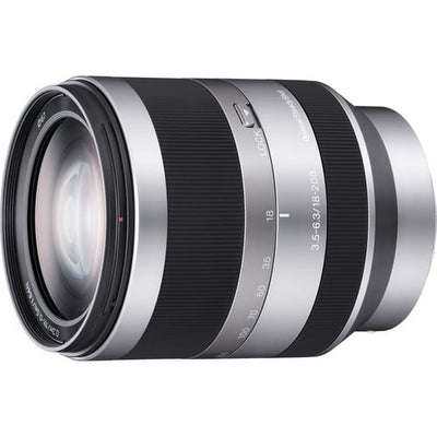 Sony E 18-200mm f/3.5-6.3 OSS Lens (Silver) – versatile superzoom with Optical SteadyShot, perfect for travel, portraits, landscapes, and steady video capture.
