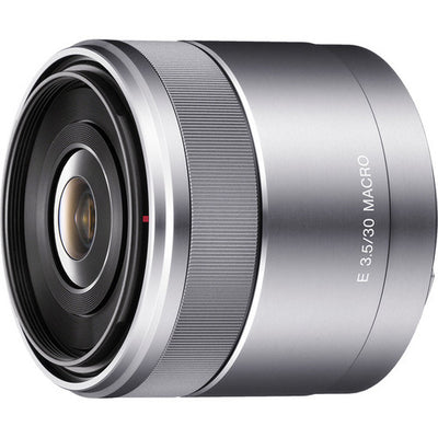 Sony E 30mm f/3.5 Macro prime lens for APS-C mirrorless cameras, ideal for close-up photography.