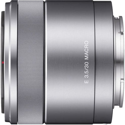 Sony E 30mm f/3.5 Macro prime lens for APS-C mirrorless cameras, ideal for close-up photography.
