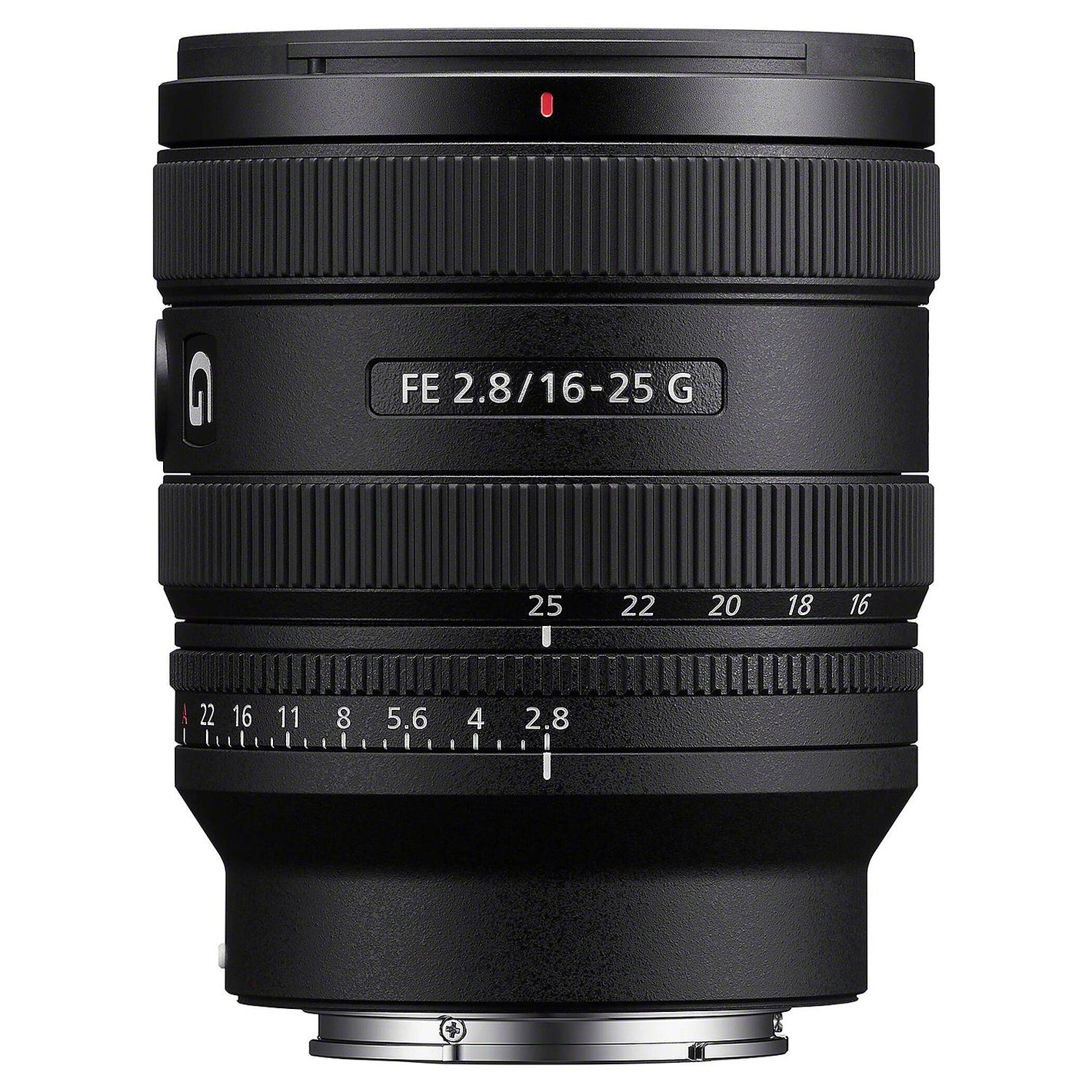 Camera lens with focus scale and specifications on a white background