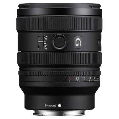 Camera lens with brand logo on a white background