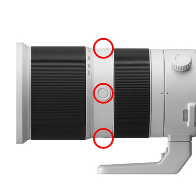 Camera lens with customisable buttons highlighted on a white background