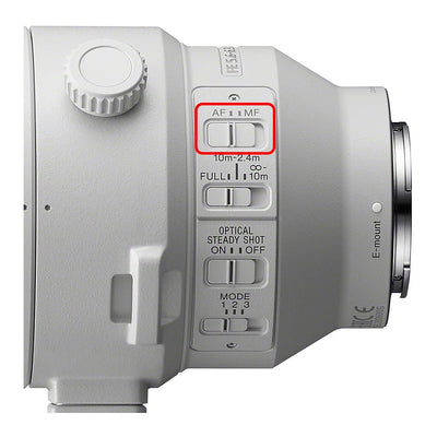 Camera control panel with focus mode switch highlighted on a white background