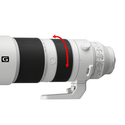 Camera lens with a red arrow indicating rotation direction on a white background
