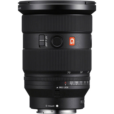 Camera lens with brand logo on a white background