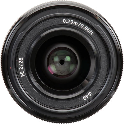Sony FE 28mm f/2 Prime Lens – compact wide-angle prime with bright f/2 aperture, ideal for landscapes, street photography, and low-light shooting.