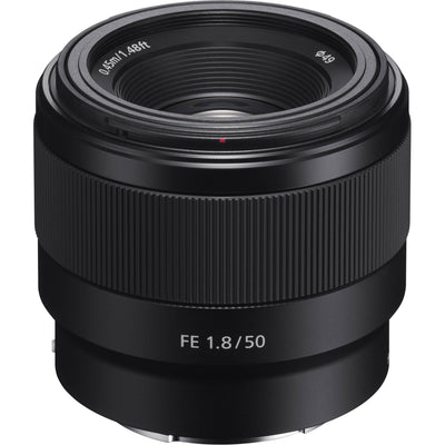 Black camera lens with specifications on a white background