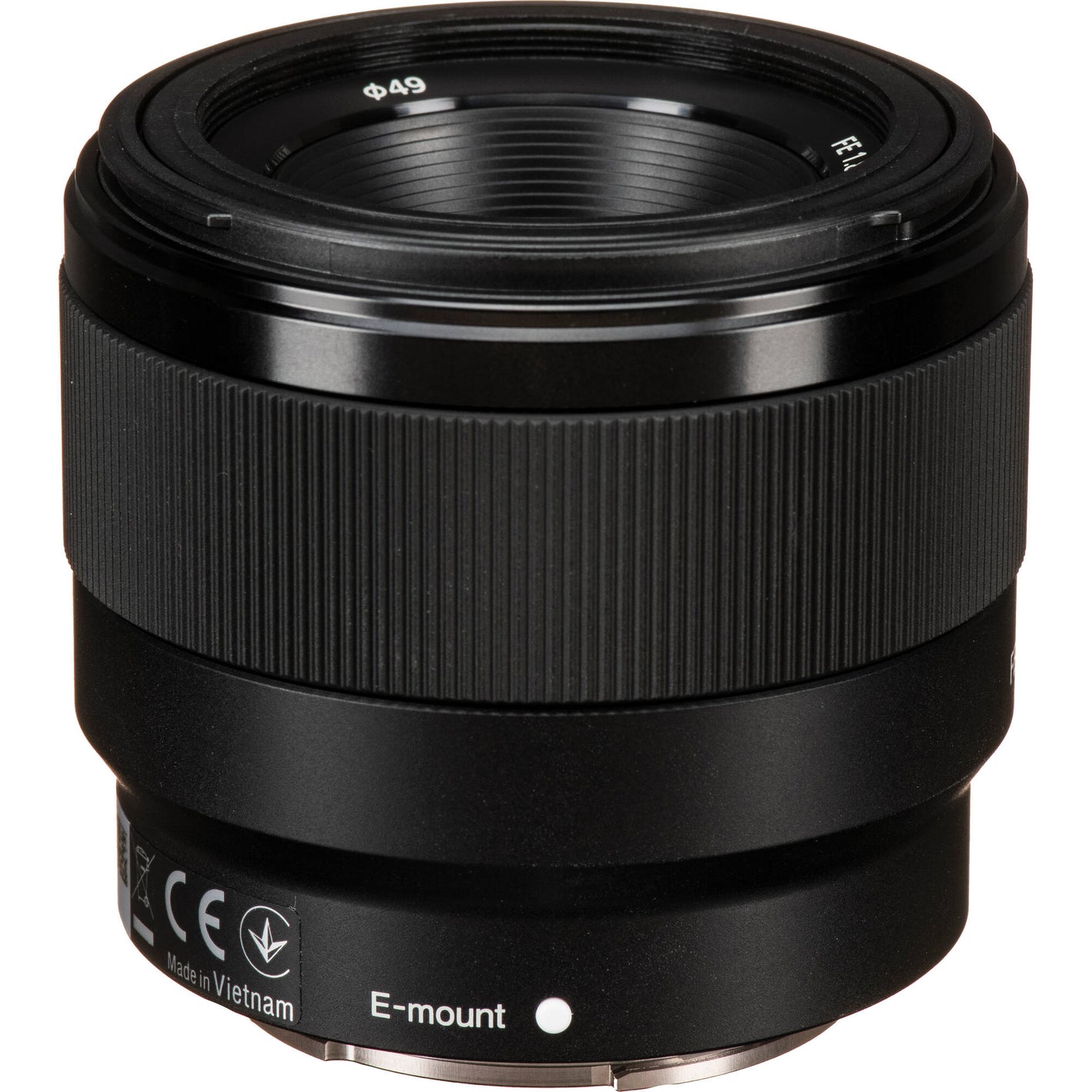 Black camera lens with E-mount marking on a white background