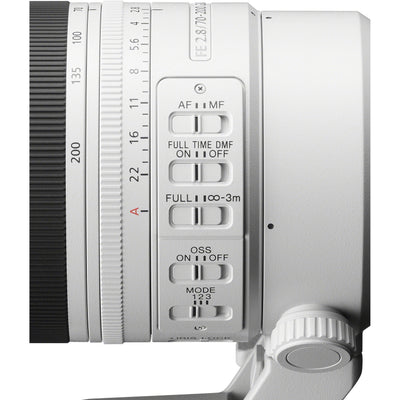 Close-up of a camera lens with control dials on a white background