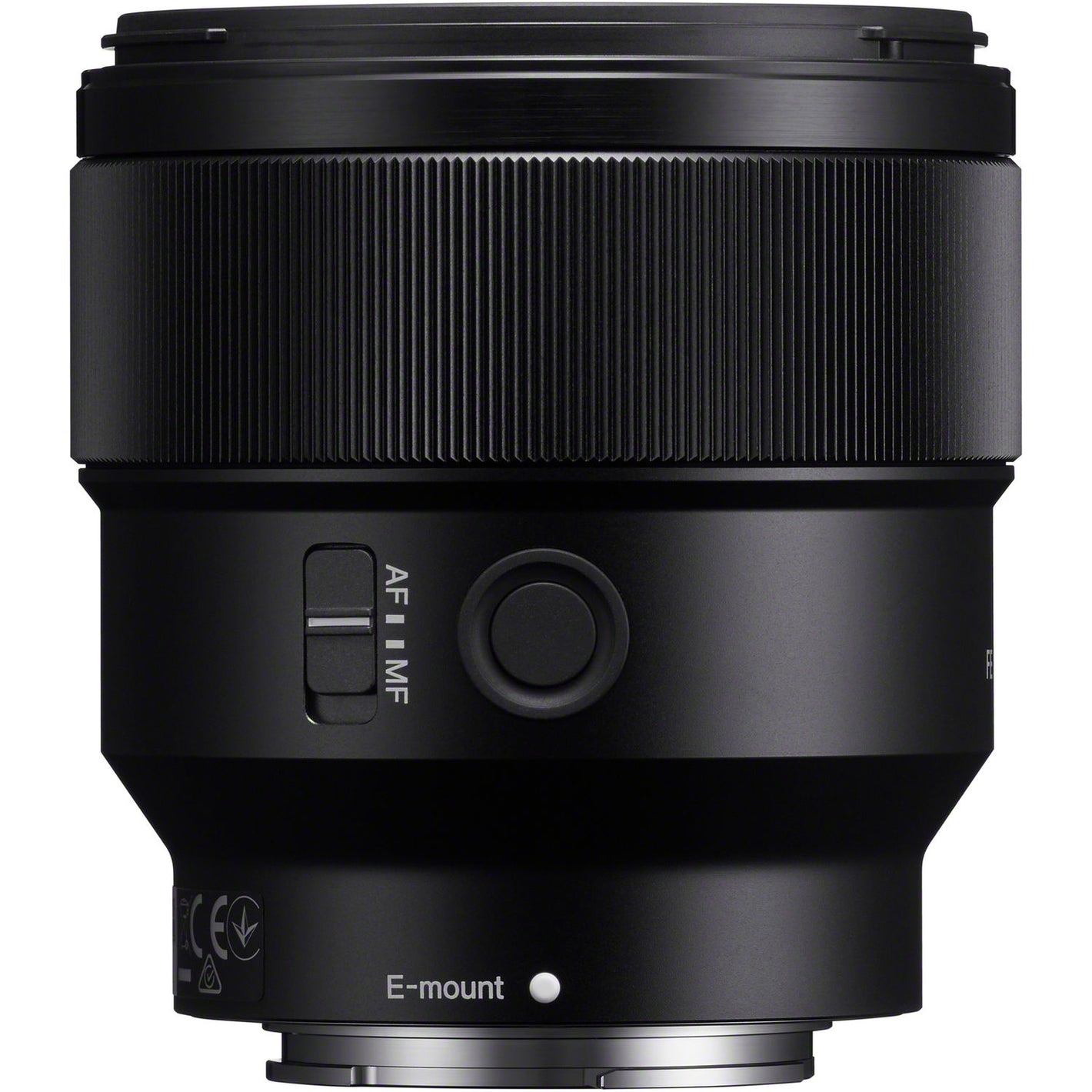 Black camera lens with E-mount marking on a white background