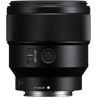 Black camera lens with E-mount marking on a white background