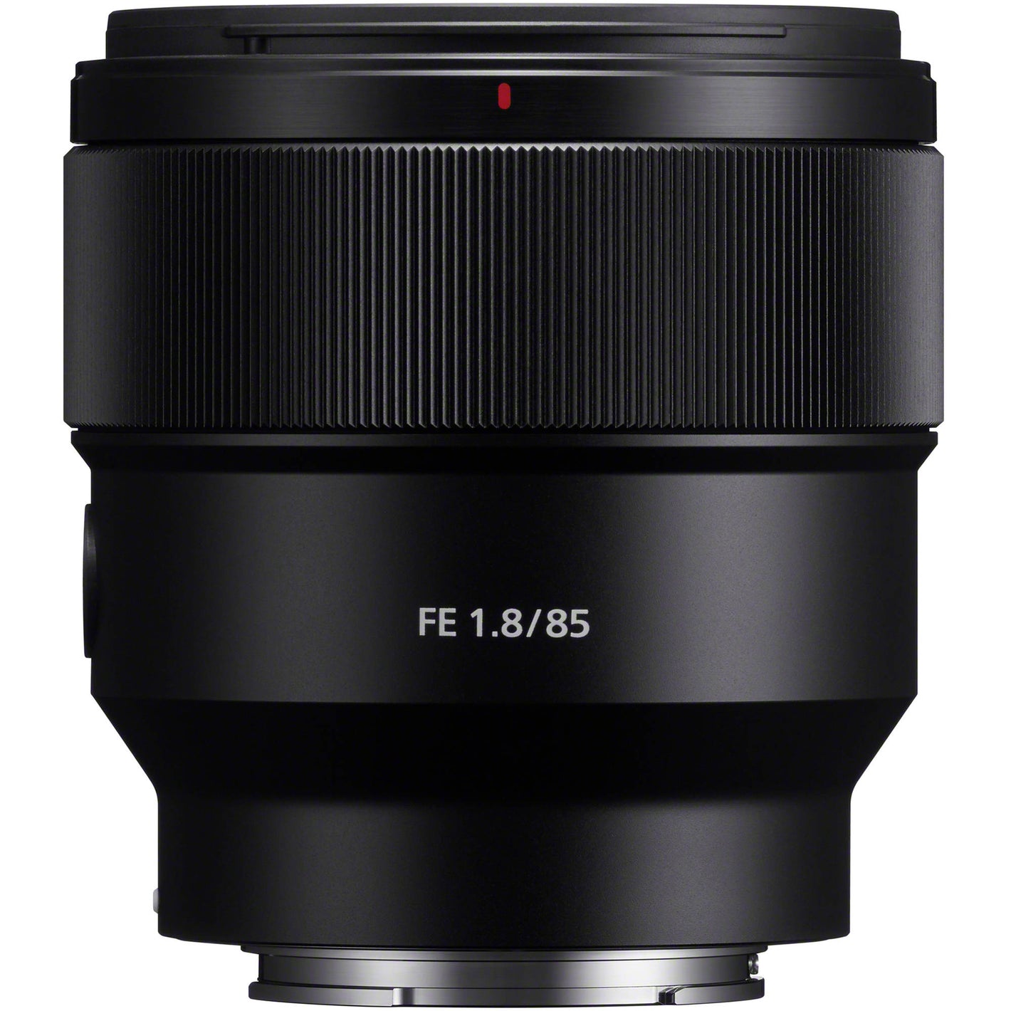 Black camera lens with 'FE 1.8/85' text on a white background
