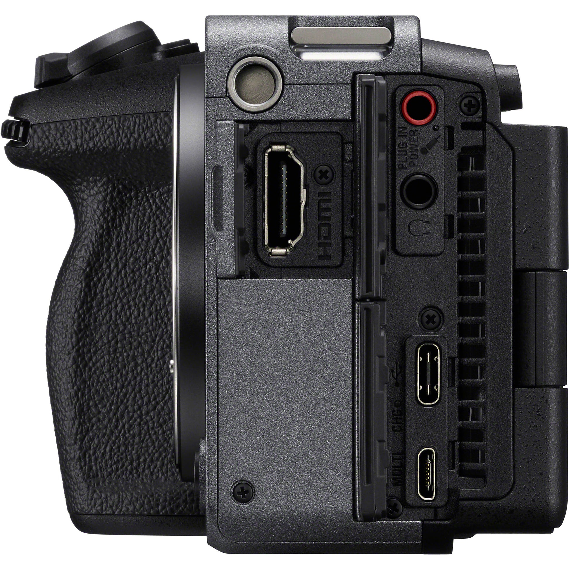 Camera body with ports and controls on a white background