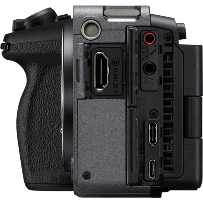 Camera body with ports and controls on a white background